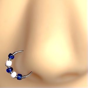 2/$18 Blue and white Beaded hoop nose ring 20G